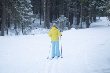 Cross country. A skier is skiing in winter in the woods.