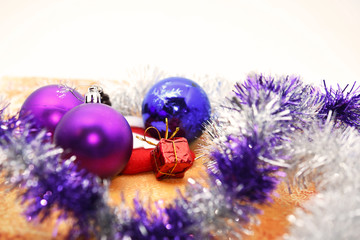 Fototapeta na wymiar Christmas background with balls and gift, greeting card