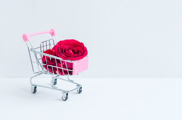 shopping cart with a red rose, the concept of shopping for Valentine's day. Minimalism, creative...