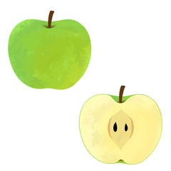 Illustration of two kinds of apples, whole and half