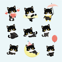 Cute cats character different pose funny animal domestic kitten vector illustration..