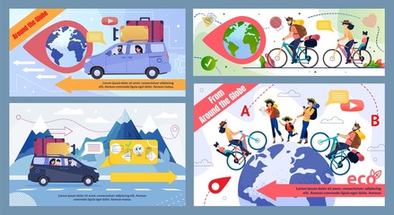 Bicycle and Car Family Trip round Globe Promo Banner Set. Eco Tour for Cyclists, in Mountains, to Foreign Countries. Cartoon Happy Travelers Characters. Eco-Friendly Tourism. Vector Illustration