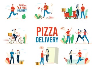 Fast Food Restaurant Pizza Delivery Service Trendy Flat Vector Concepts Set Isolated on White Background. Deliveryman on Scooter, Female Courier on Bicycle Delivering Orders to Clients Illustrations