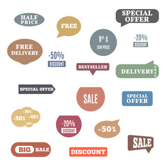 Set of colored label of discount and sale, vector illustration.