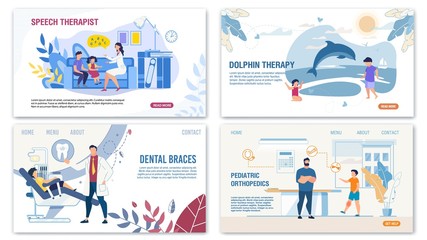 Fototapeta na wymiar Kids Treatment, Children Diseases and Disorders Landing Page Set. Alternative Medical Methods. Dolphin Therapy, Pediatrics Orthopedics and Dentistry, Speech Recovery. Vector Illustration
