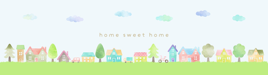 Naklejka premium 手描き水彩の街並みイラスト