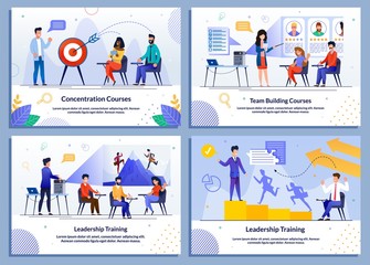 Concentration Training, Leadership and Team Building Courses for Business People. Successful Motivational Management. Strategical Education. Vector Flat Illustration. Cartoon Banner Set