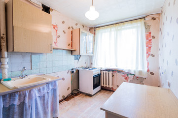 Russia, Moscow- July 23, 2019: interior room apartment. standard repair decoration in hostel. kitchen and dining room