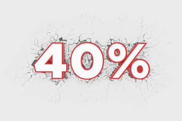 40% Discount 3d Sign breking wall. Special Offer Discount Tag. 3D illustration