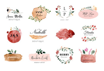premade logo floral and brush stroke watercolor collection
