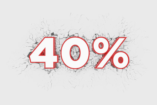 40% Discount 3d Sign breking wall. Special Offer Discount Tag. 3D illustration