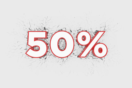 50% Discount 3d Sign breking wall. Special Offer Discount Tag. 3D illustration