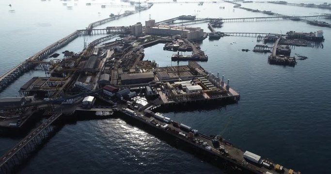 OIL ROCKS &ndash; the city on the caspian sea. Offshore oil production. Aerial view of  Oil production at Caspian sea.