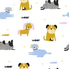 Seamless pattern with funny dogs. Kids trendy print. Vector hand drawn illustration.