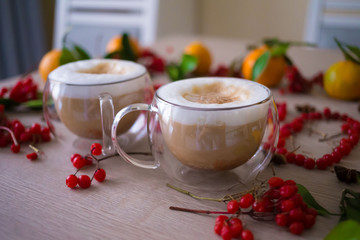 Food. Viburnum and tangerines, cappuccino