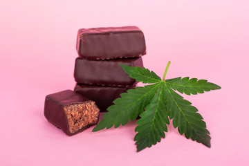 chocolate sweets with cannabis. food with marijuana thc concentrate.