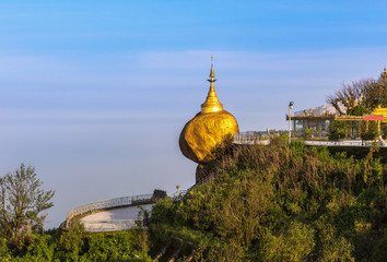 Kyaikhtiyo pagoda or golden rock  most important buddhist pilgrimage site located in mon state, Myanmar in the morning  