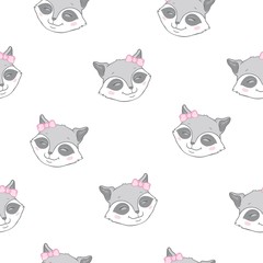Vector seamless background with cute and beautiful raccoons. Cute background with cartoon character . Repeating texture with animals for children. Illustration on postcard, poster, texture, fabric.