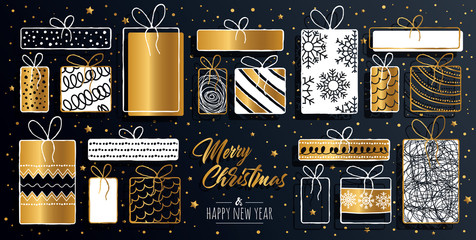 Merry Christmas greeting card set with golden text elements and modern hand drawn present. Vector illustration.
