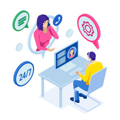 Isometric customer service. Customer and Operator. Customer service agent sitting at the office. Online global technical support 24/7 - obrazy, fototapety, plakaty