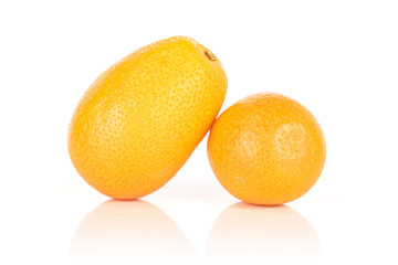 Group of two whole tasty orange kumquat isolated on white background