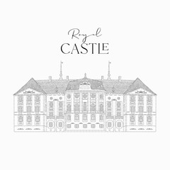 The Royal castle, hand drawn engraving vector illustration isolated, vintage style for touristic postcard, printing, calendar template