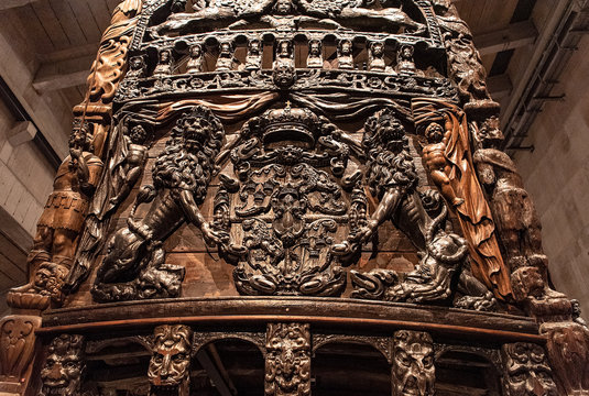 Stockholm, Sweden - October 27, 2019: The Vasa Museum in Stockholm, displays the Vasa ship, fully recovered 17th century viking warship, on October 27, 2019.