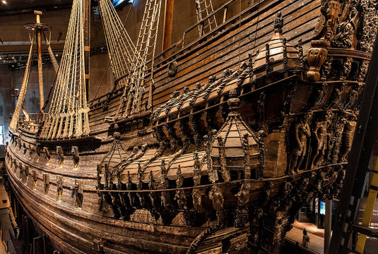 Stockholm, Sweden - October 27, 2019: The Vasa Museum in Stockholm, displays the Vasa ship, fully recovered 17th century viking warship, on October 27, 2019.