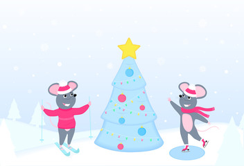 Cartoon rats skating and skiing near the Christmas tree. Winter fun. New Year 2020