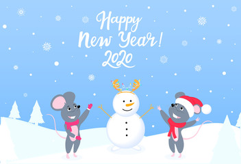 Two mice in the forest sculpt a snowman. Happy New Year horizontal banner with winter landscape. Greeting card