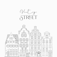 Hand drawn isolated vintage houses collection, old town, sketch, doodle, retro street, Vector illustration. Logo Branding Simple Line art, outlined, linear