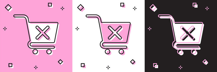 Set Remove shopping cart icon isolated on pink and white, black background. Online buying concept. Delivery service sign. Supermarket basket and X mark. Vector Illustration © vector_v