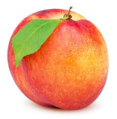 Isolated nectarine. Beautiful nectarine with leaf isolated on white background with clipping path