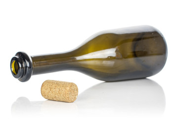 One whole common wine cork  with glass bottle isolated on white background