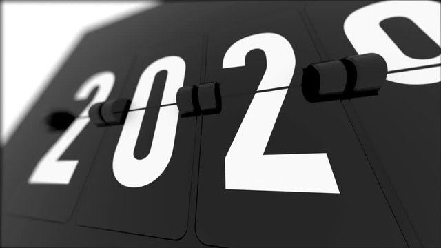 3d render animation of Extremely closeup of Countdown calendar with year 2019 and 2020. Flip board countdown timer with 2019 year number. Shallow depth of field. Happy New Year concept.