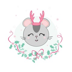 Сute little mice in new year clothes. Hand drawn watercolor