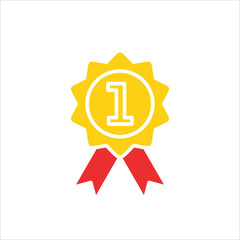 Award. Gold medal with red ribbons. First place, winner, prize, achievement,flat design vector icon