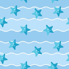 Seamless patterns on a blue background in a flat style with elements of starfish and waves. Texture for web page, greeting cards, posters and banners. Prints on fabric and paper.