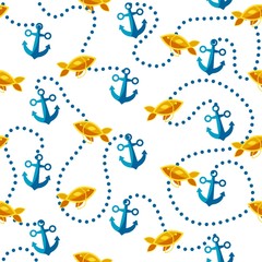 Seamless patterns on a white background in a flat style with elements of anchor, fish and chains. Texture for web page, greeting cards, posters and banners. Prints on fabric and paper.