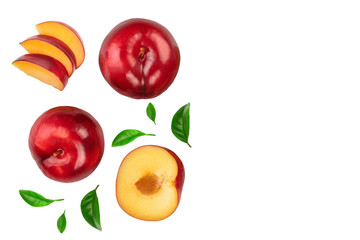 fresh red plum and half isolated on white background. Top view. Flat lay. Set or collection