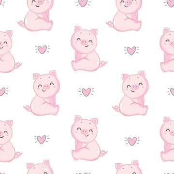 Seamless pattern with pig. Pink background. Polka dot
