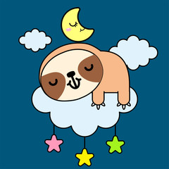 Dreaming funny sloth sleeping on the cloud. Cute animal for design and print. Vector illustration.