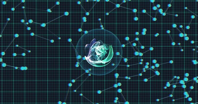 Digital Network operation. Interrelation. Communication with the world. Rotating sphere holographic. spherical network of glowing lines and dancing points. Connection to a universal consciousness.