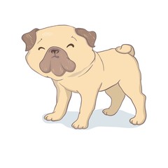 Adorable beige puppy Pug with a pink donut. Have a sweet day - lettering quote. Humor card, t-shirt composition, hand drawn style print. Vector illustration.