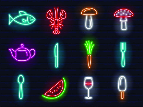 collection of colorful neon web signs and icons. food theme