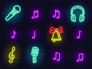 collection of colorful neon web signs and icons of music theme