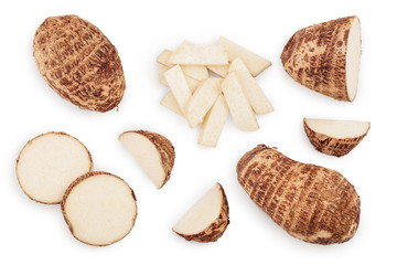 fresh taro root isolated on white background. Top view. Flat lay. Set or collection