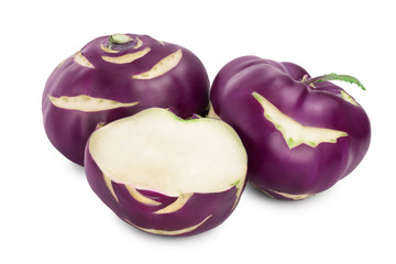 Cabbage kohlrabi and half isolated on white background closeup