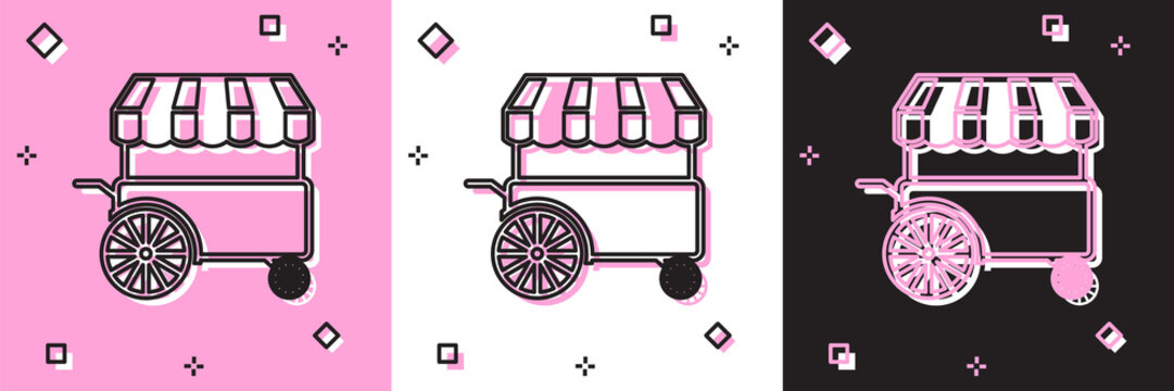 Set Fast street food cart with awning icon isolated on pink and white, black background. Urban kiosk. Vector Illustration