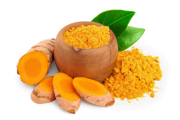 turmeric root and powder isolated on white background close up